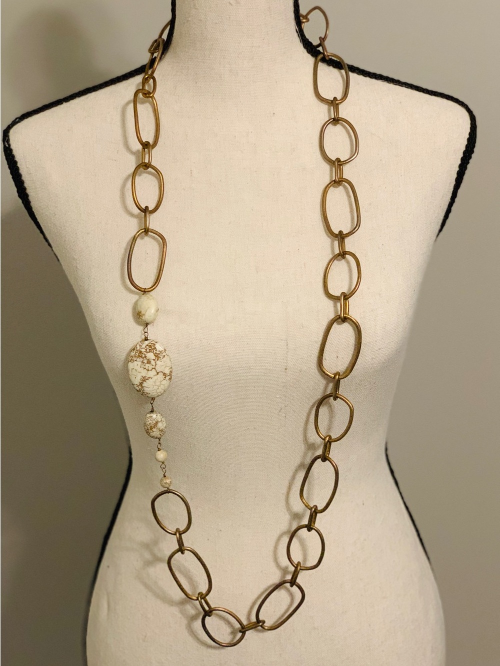 Ann Taylor Brass Link Necklace with White Marbled Beads
